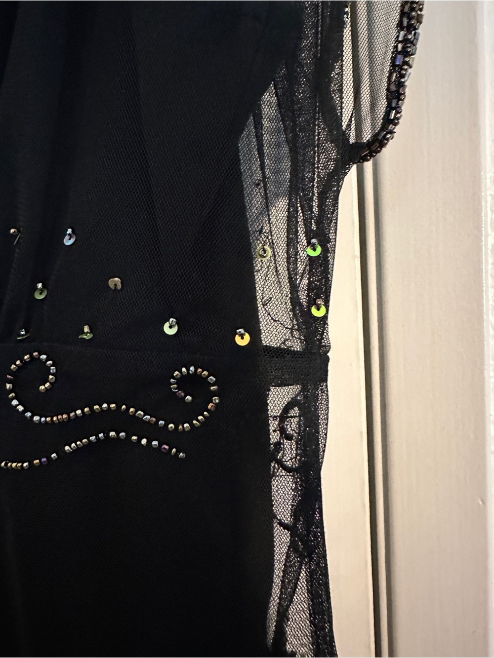 MARINA Black Beaded V-Neck Top with Green Sequin Floral Detail - Picture 4 of 6